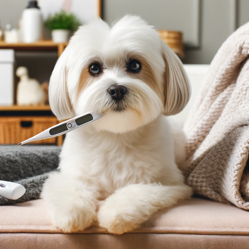 a maltese dog with a thermometer in its mouth