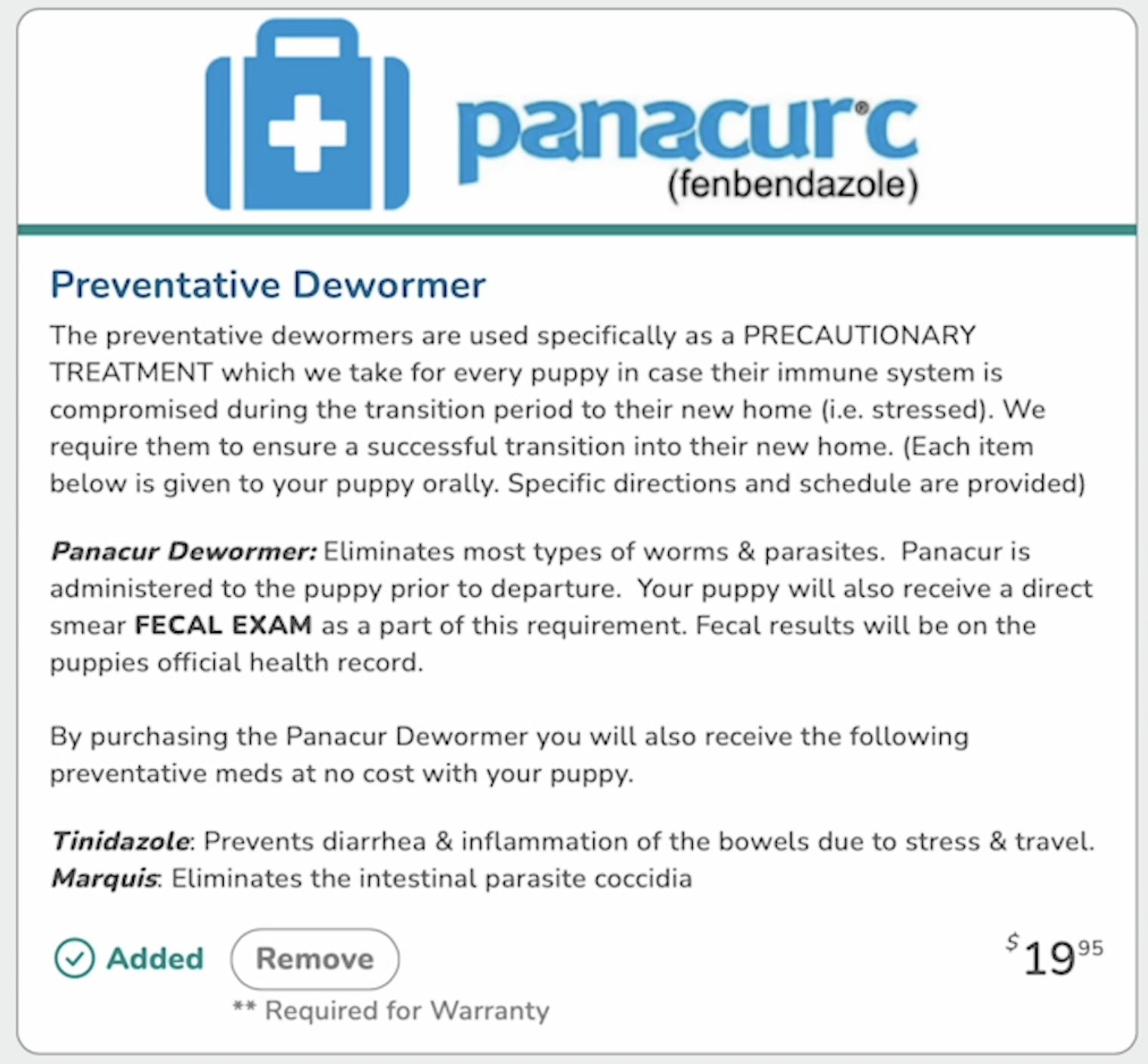 picture of preventative dewormer information when adopting a puppy through premier pups