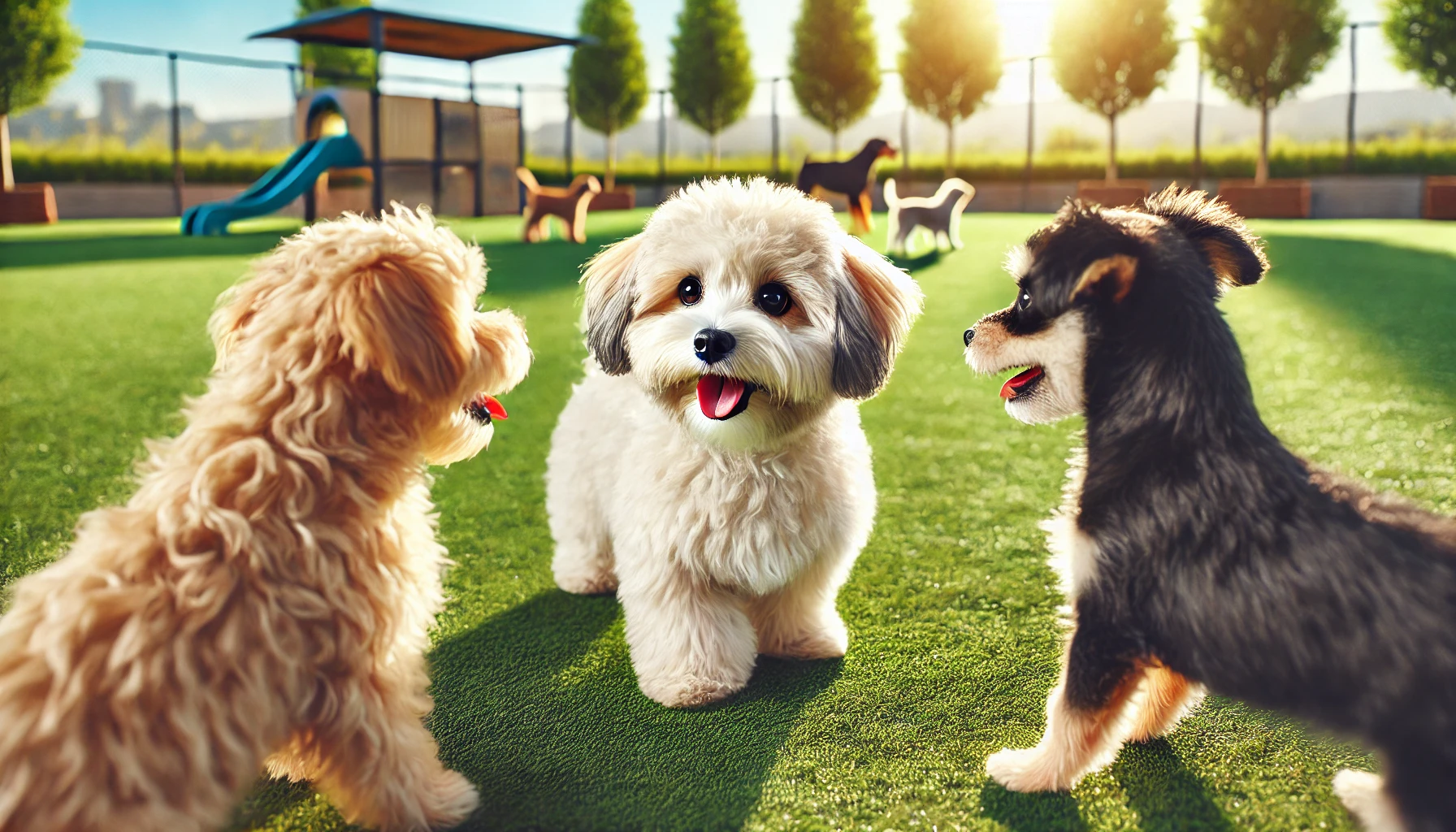 image of a Maltipoo dog socializing with one or two other dogs at a dog park. The Maltipoo has a fluffy coat and looks happy