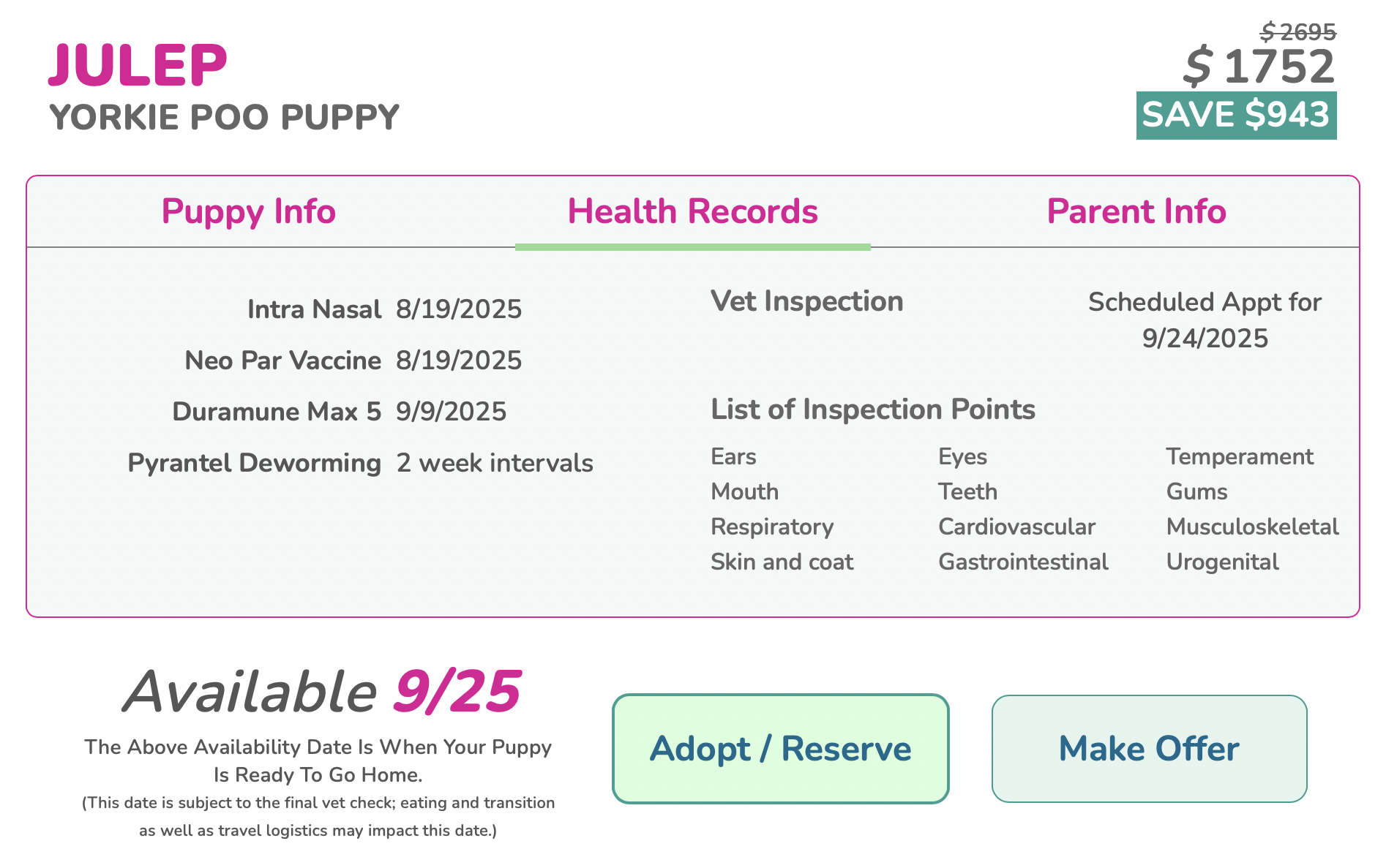 image of a puppy profile on premier pups that includes health records