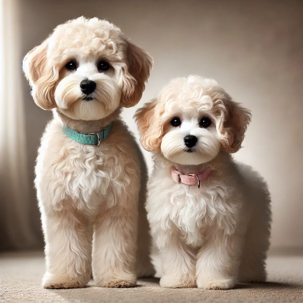 image of a male Maltipoo and a female Maltipoo standing side by side. Both dogs are similar in size