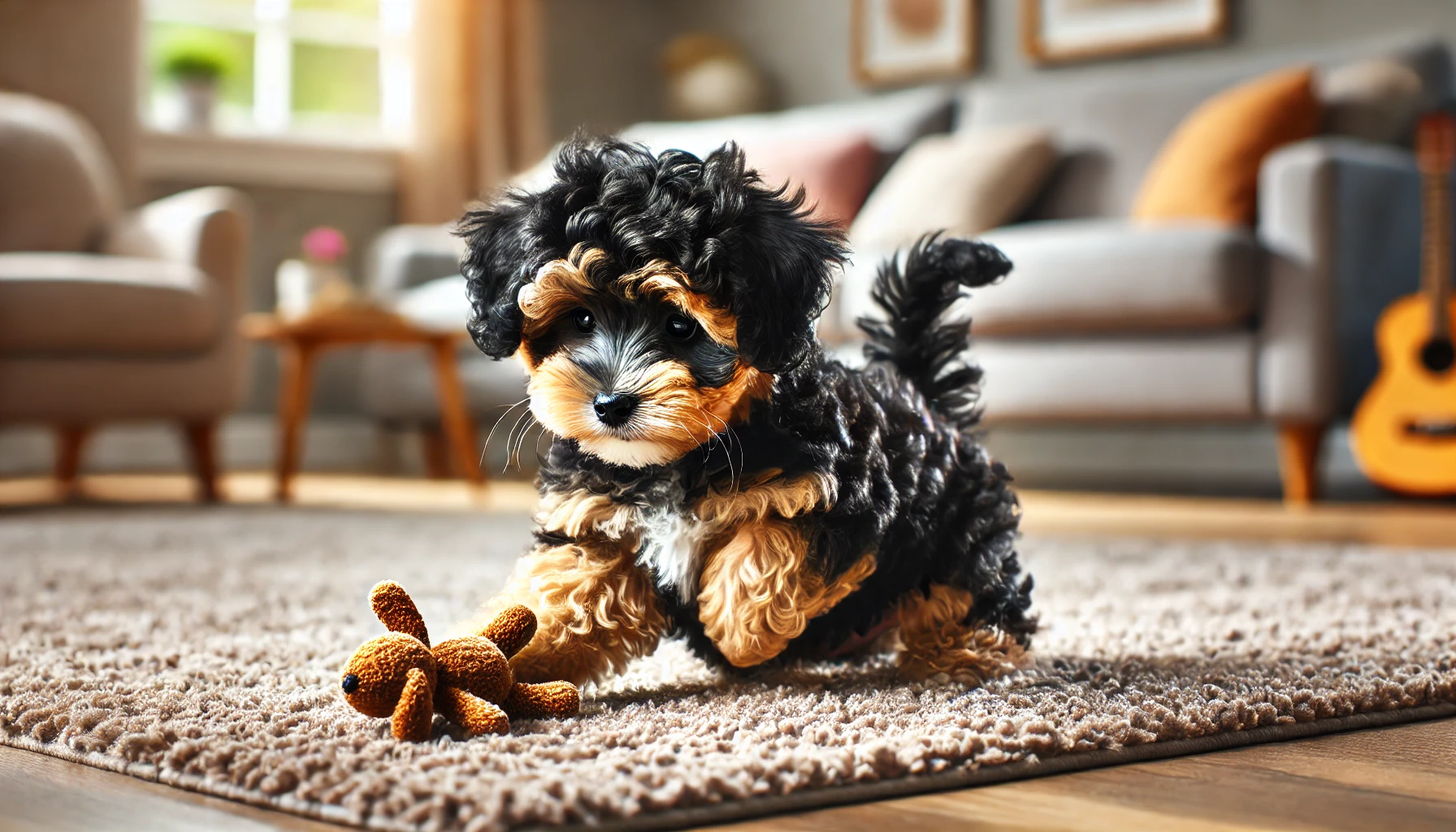 image of a black and light brown Maltipoo puppy playing in a home. The puppy has a fluffy, curly coat with a blend of black and brown