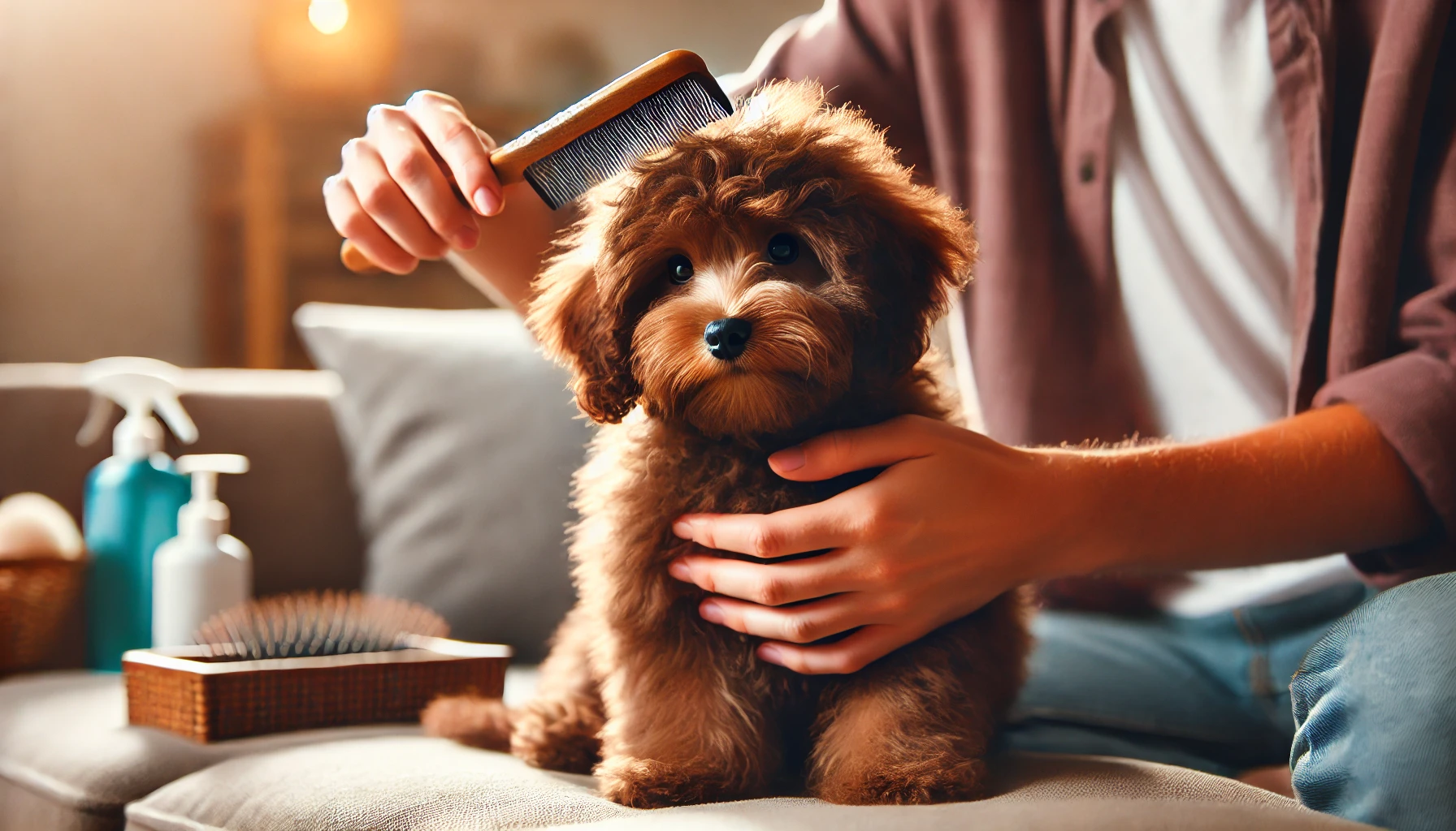 A high-quality image featuring a brown Maltipoo puppy being combed by a person. The puppy looks relaxed and content, enjoying the grooming session