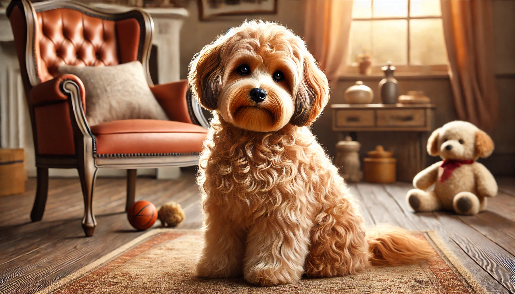 sable apricot maltipoo dog with curly hair in a cozy, warm setting