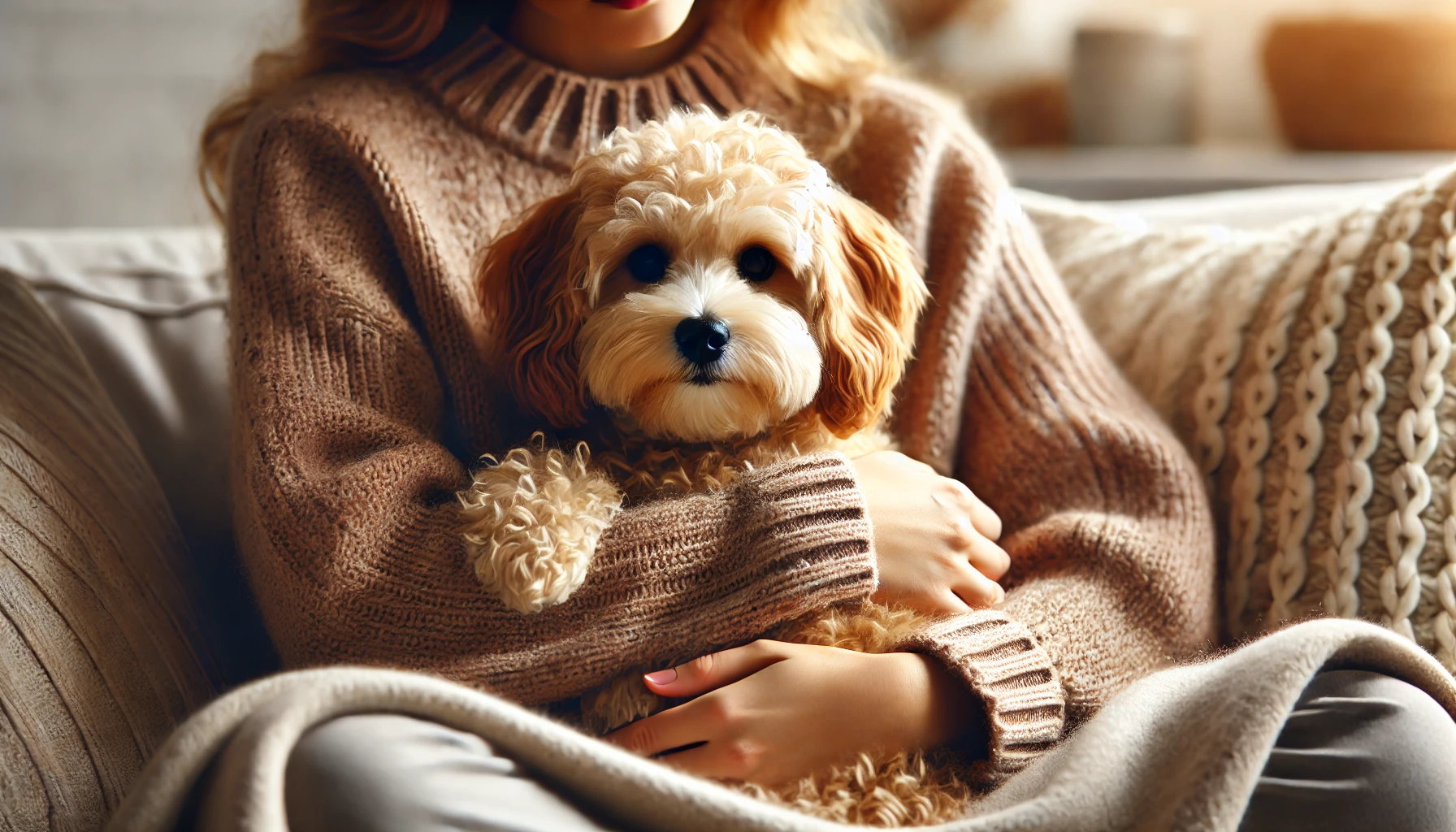 image featuring a tan Maltipoo cuddling with a female person. The Maltipoo has a wavy tan coat and looks relaxed and content