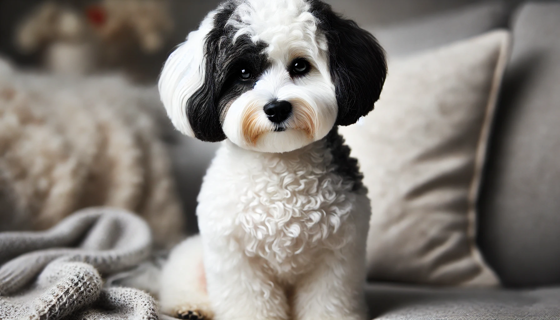 A high-quality image featuring an adult Maltipoo with a predominantly white coat and subtle black markings. The dog has a mostly white appearance