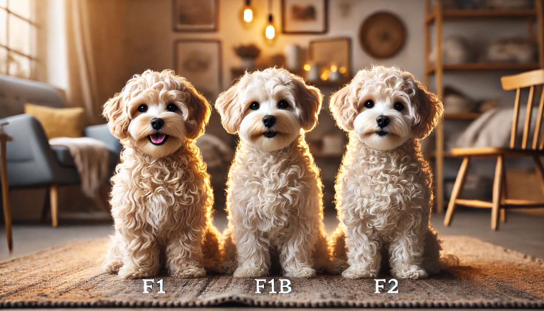 image showcasing three Mini Maltipoos representing F1, F1b, and F2 generations. The dogs are sitting side by side