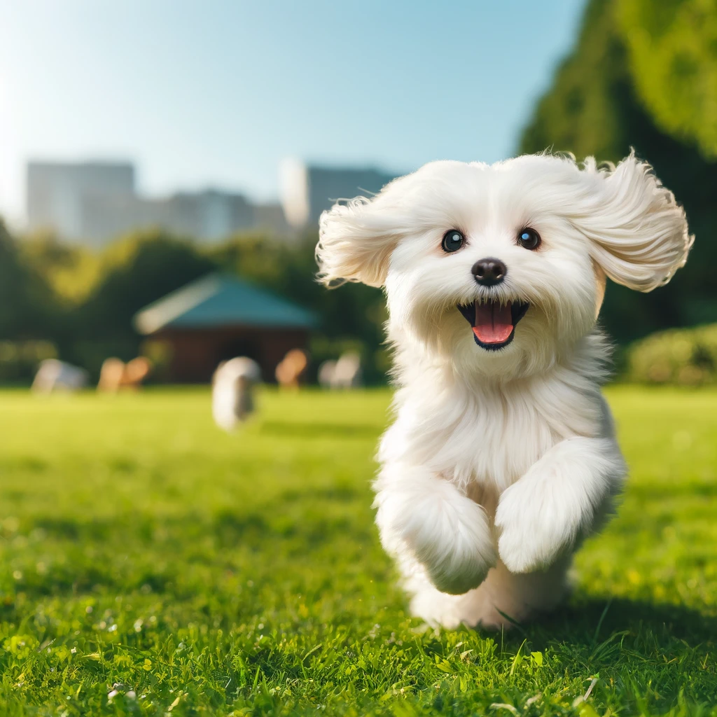 a maltese dog running on grass