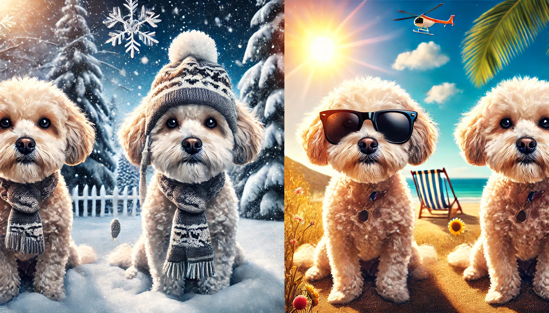  image of two Maltipoos side by side. One Maltipoo is in a winter setting and the other in a summer setting