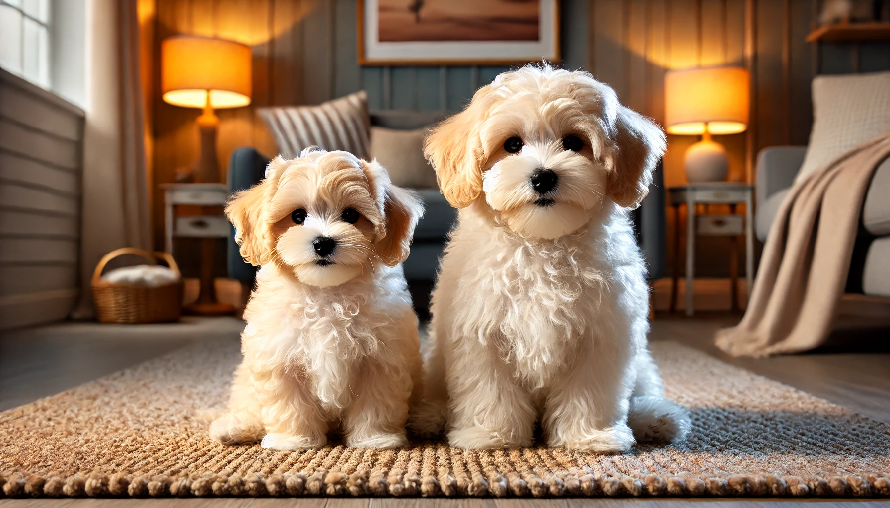 image of a fully grown Toy Maltipoo and a fully grown Mini Maltipoo sitting side by side in a cozy, warmly lit home