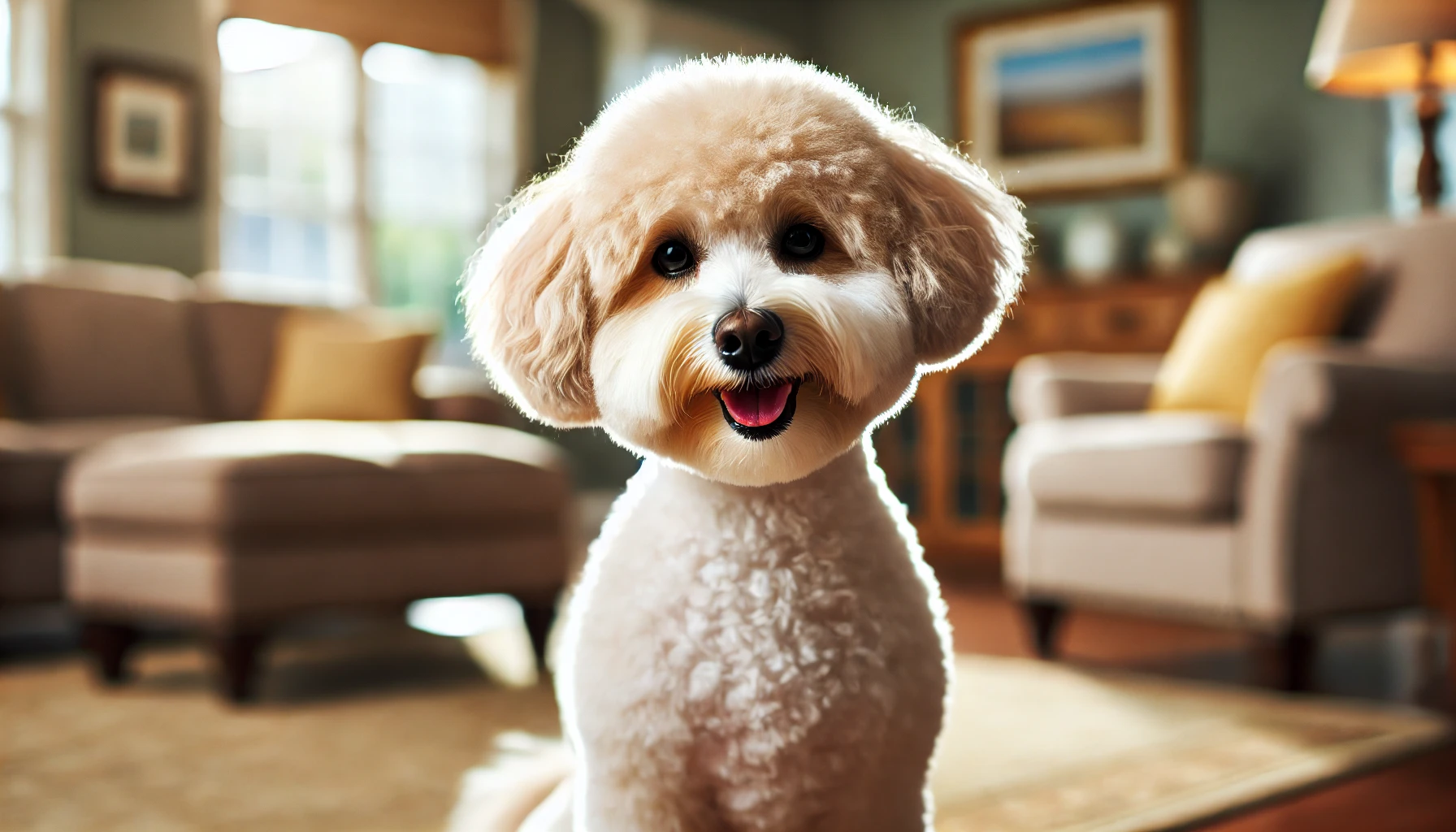 image of a Maltipoo with a Kennel Cut. The dog's coat is trimmed very short, around ¼ inch all over the body