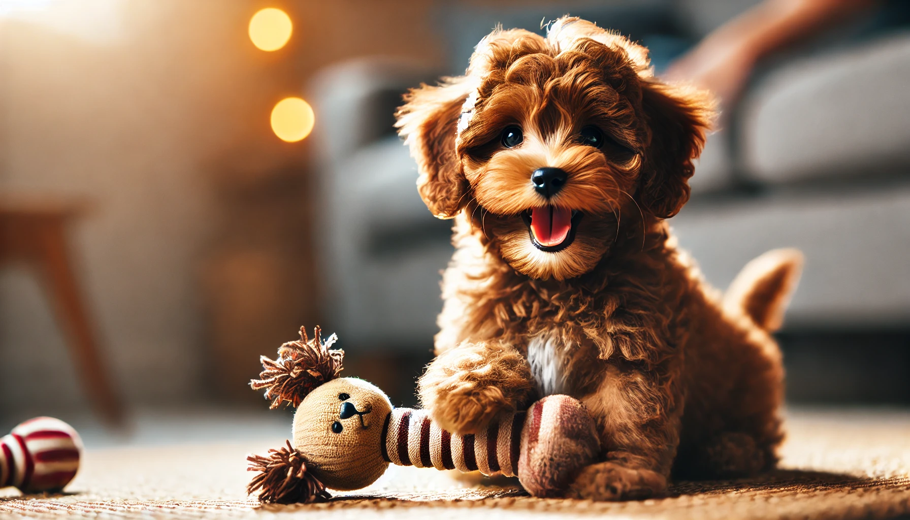 A high-quality image featuring a small brown Maltipoo puppy playing happily with a dog toy. The puppy looks playful and energetic