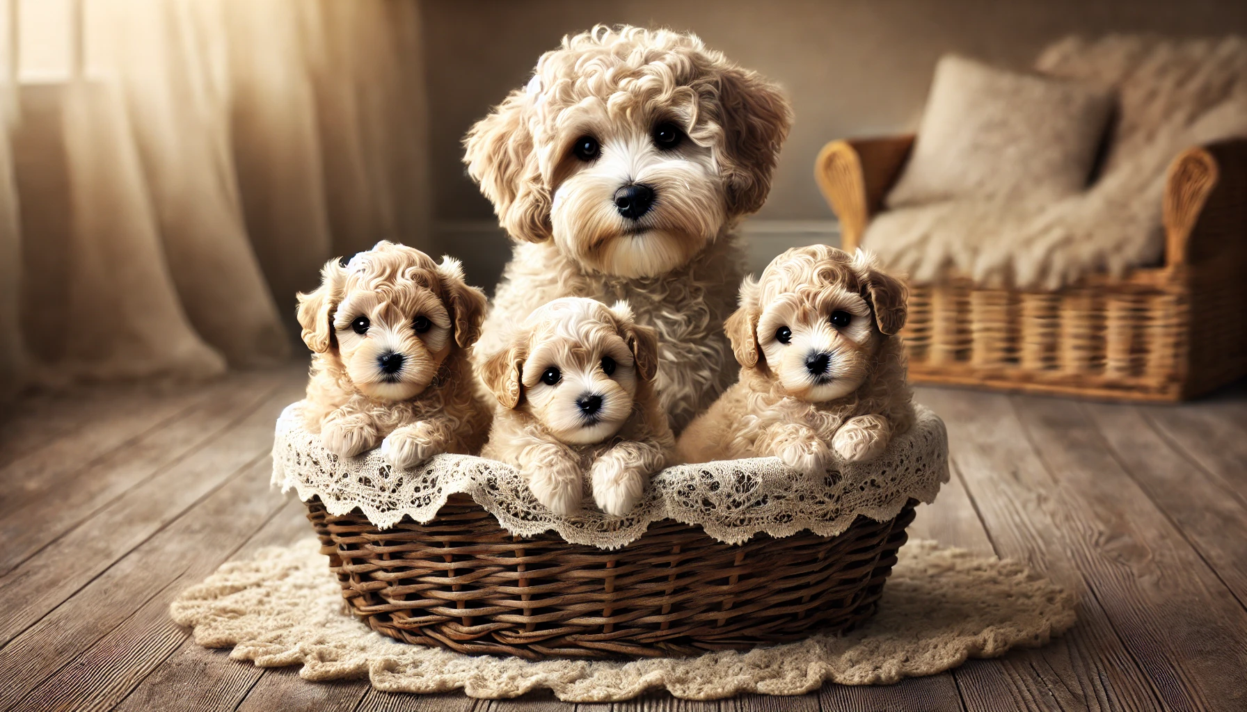 image featuring three 6-week-old F2 Maltipoo puppies in a cuddly basket, looking happy and playful