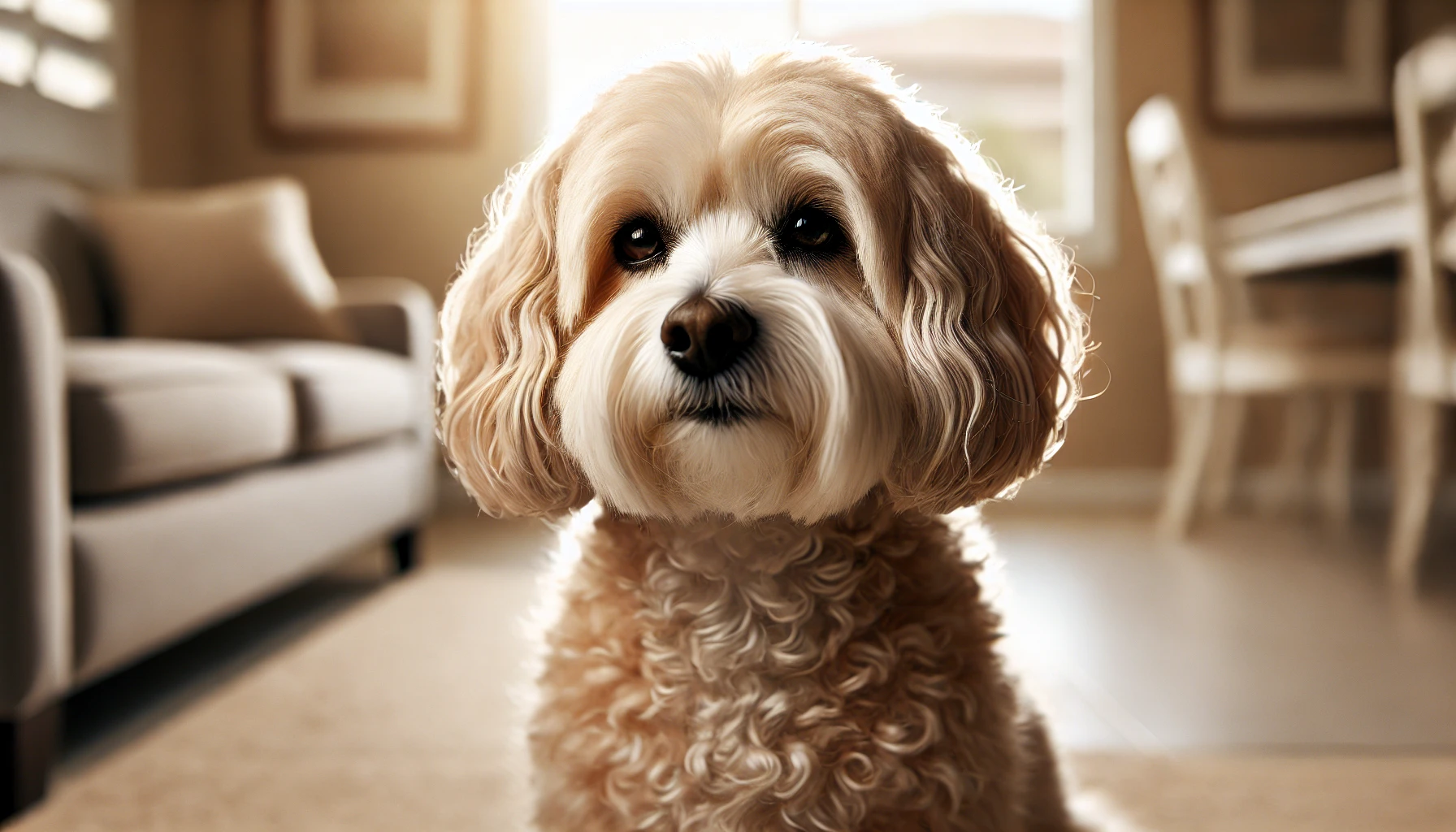 image of an older-looking Maltipoo. The dog appears mature, with a gentle and calm expression, and has a well-groomed coat