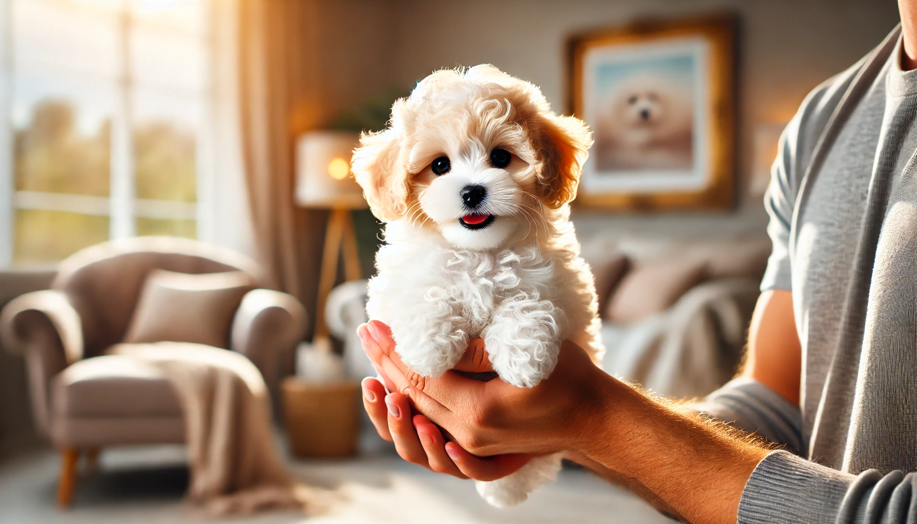 image of a 6-week-old Toy Maltipoo puppy with a fluffy cream or white coat being gently handed to the camera by a person