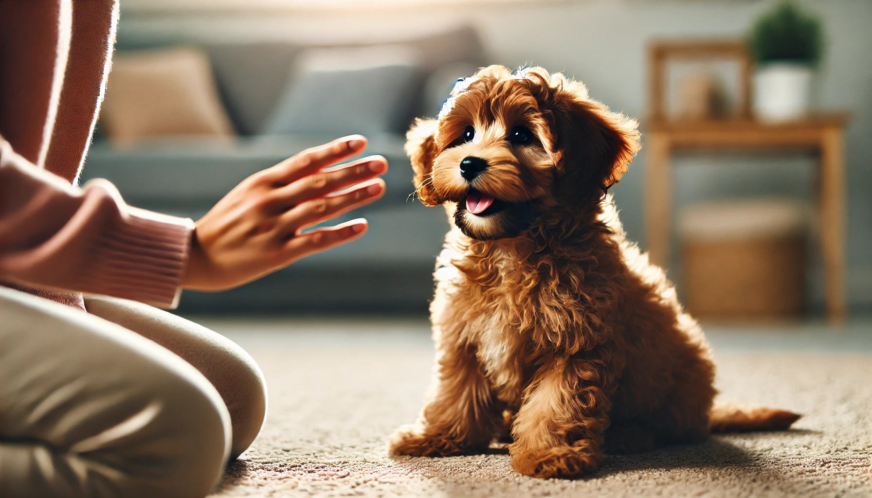 A high-quality image featuring an adorable brown Maltipoo puppy being trained by a person. The puppy looks attentive and happy