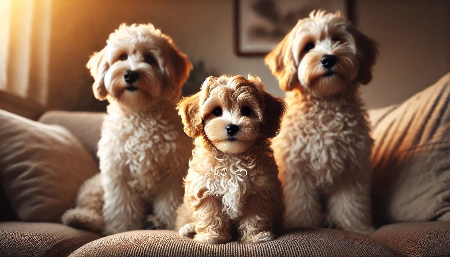 image featuring a small F2 Maltipoo puppy with wavy hair sitting on a cozy couch between two larger Maltipoo dogs