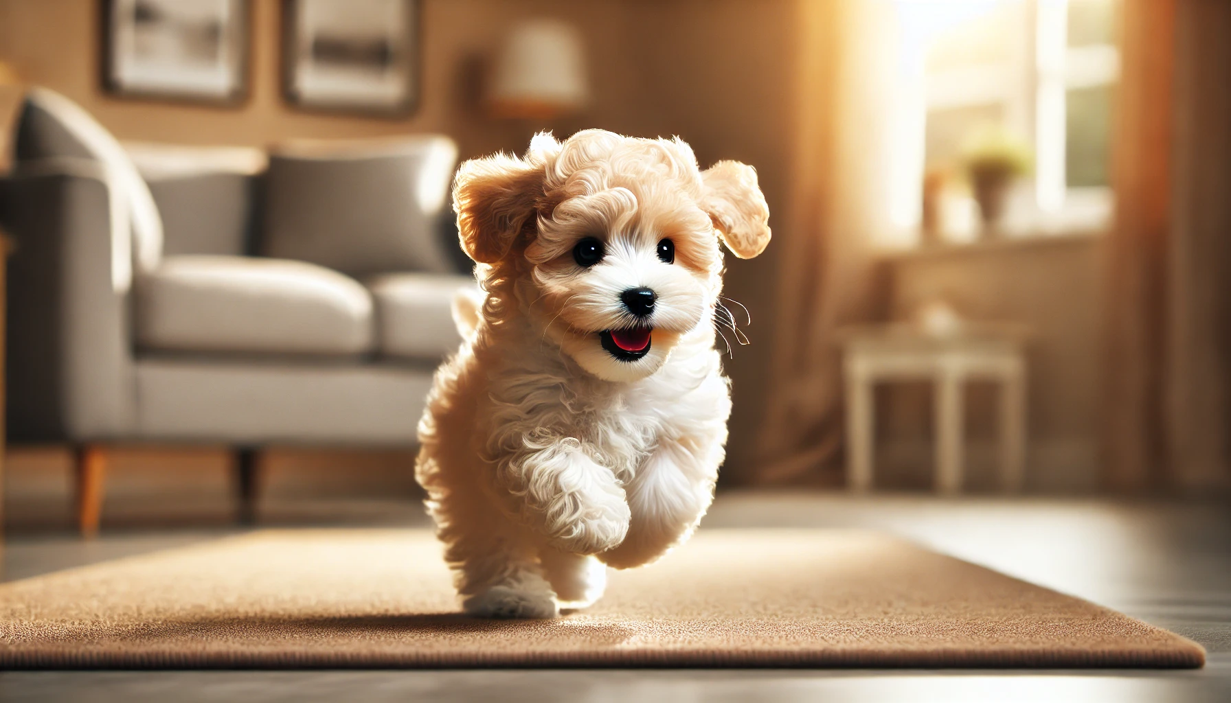 image of a Maltipoo puppy running happily around a cozy house