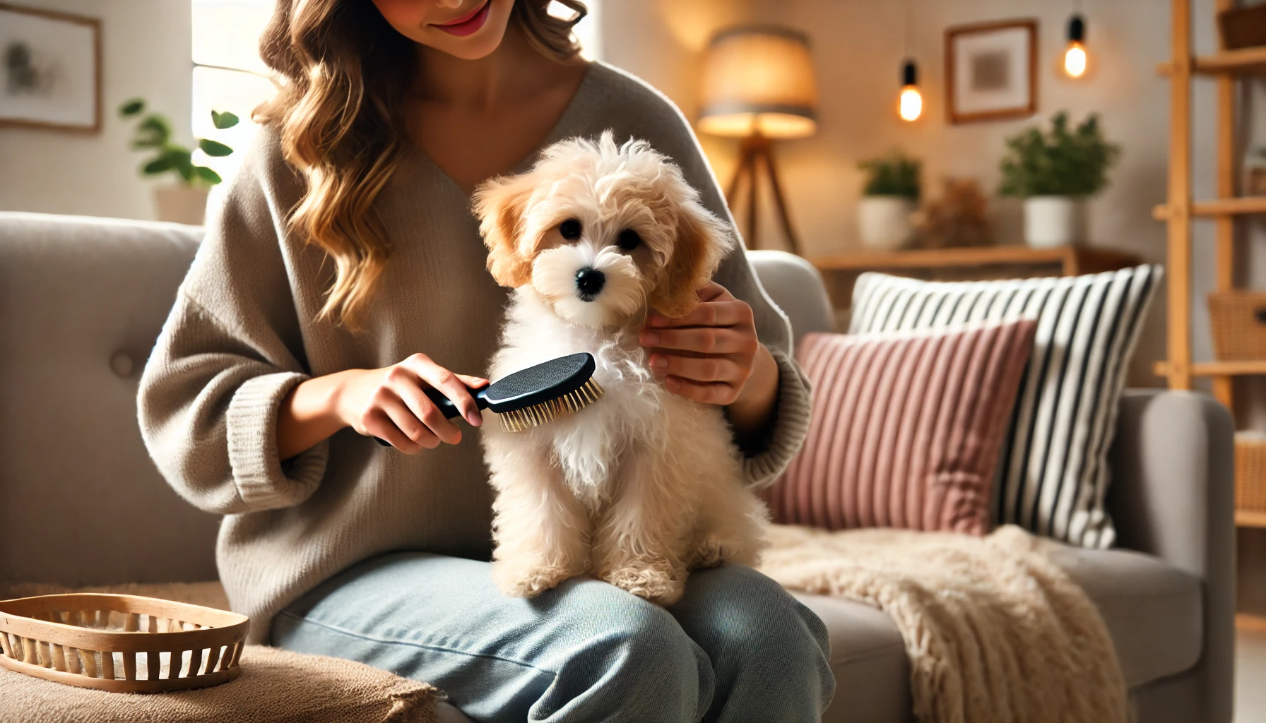 image of a small Toy Maltipoo puppy sitting on a woman's lap while she gently brushes its coat