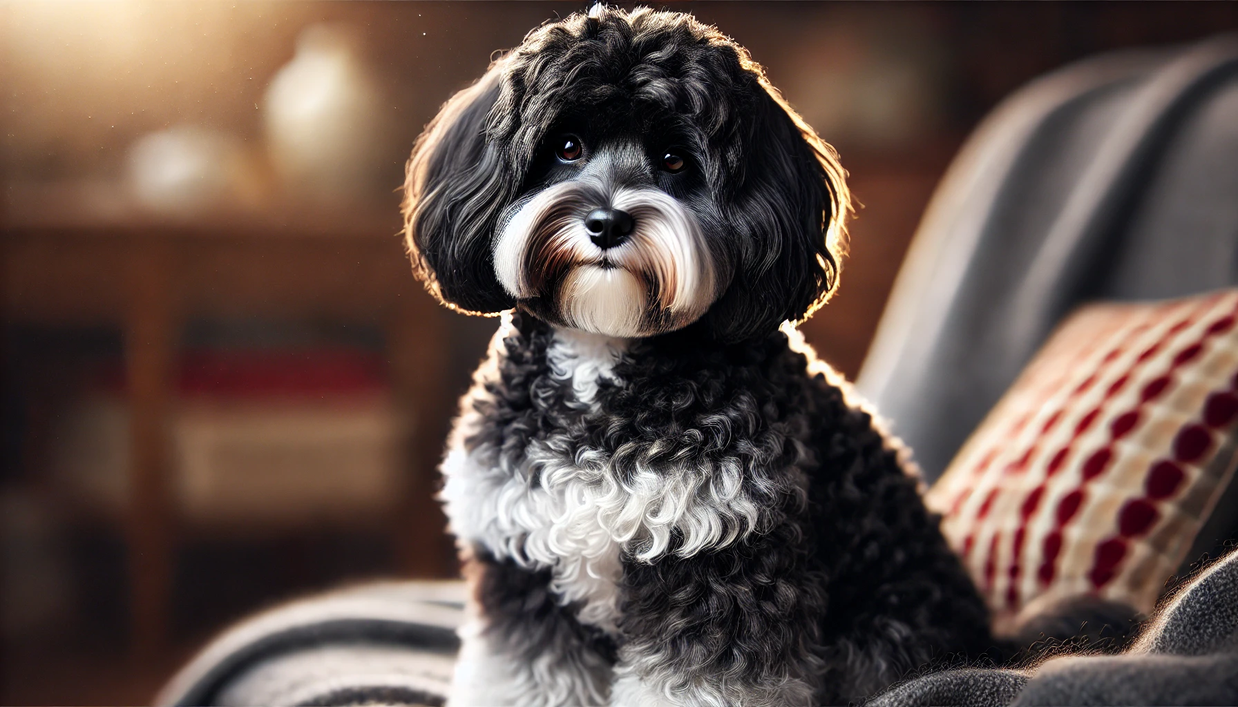 A high-quality image featuring an adult black and white Maltipoo with the popular sable pattern