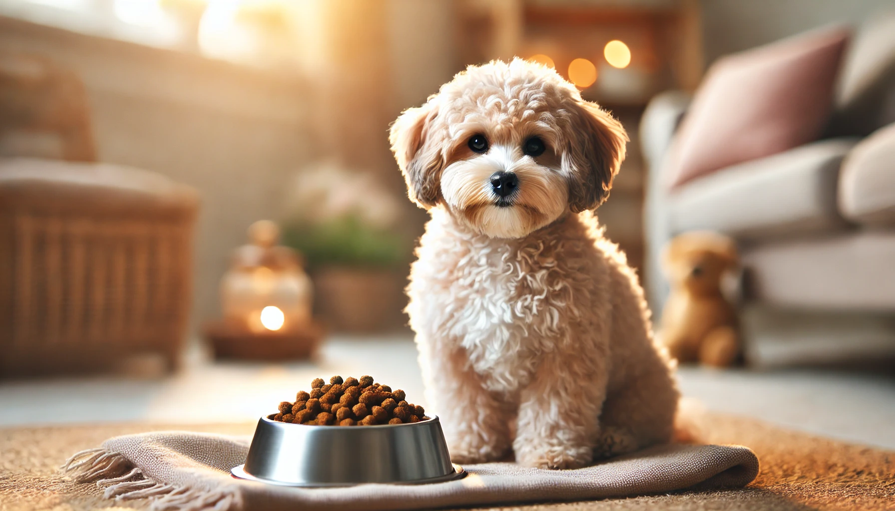 image of a Maltipoo dog sitting in front of a bowl filled with wet dog food. The dog has a fluffy, well-groomed coat