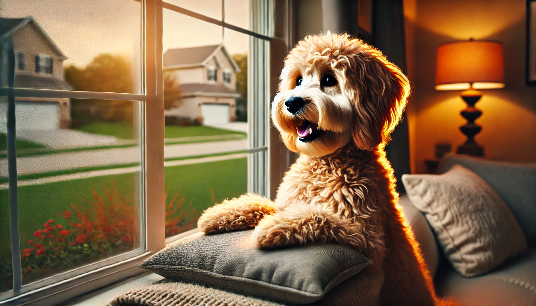 A high-quality image of a Mini Goldendoodle looking out the window and appearing to bark