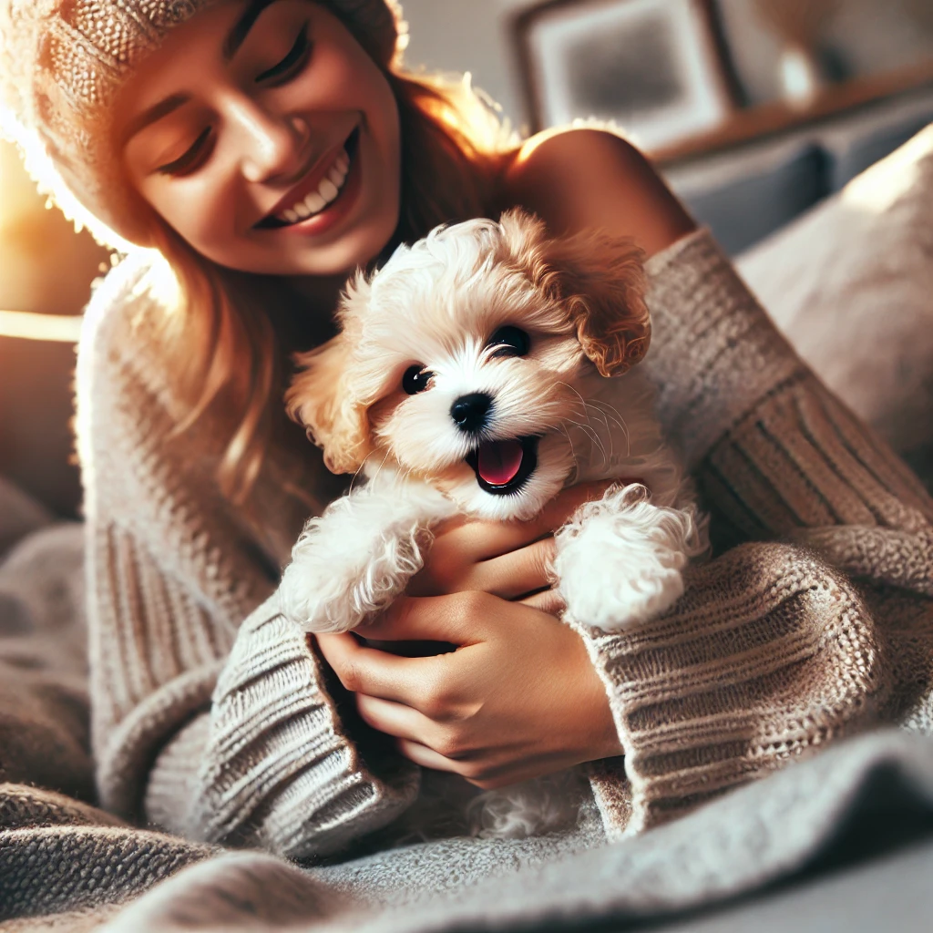 image of a teacup Maltipoo puppy cuddling with a person in a cozy setting. The person and the puppy look happy