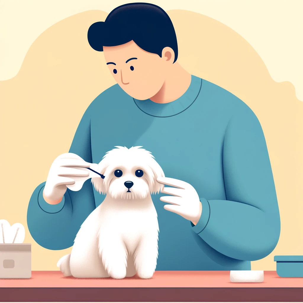a person cleaning a maltese dog's ears