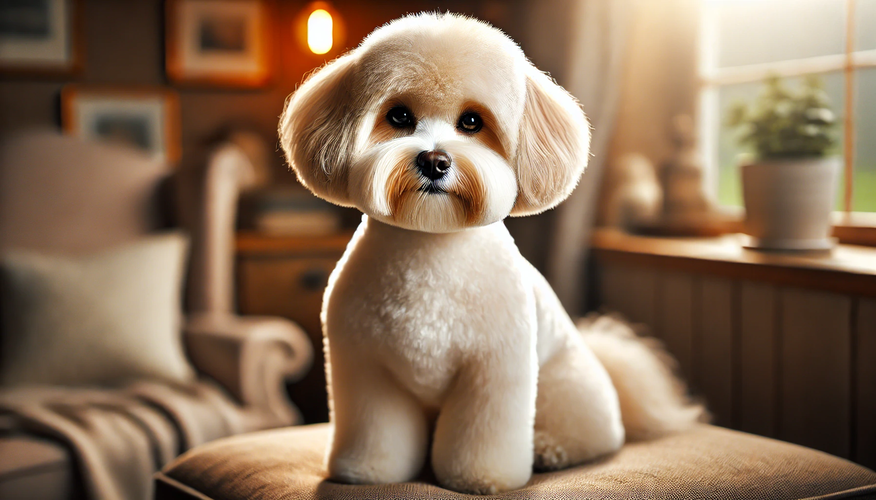 image of a Maltipoo with a Shih Tzu Cut. The dog's body fur is neatly trimmed to 1 to 2 inches