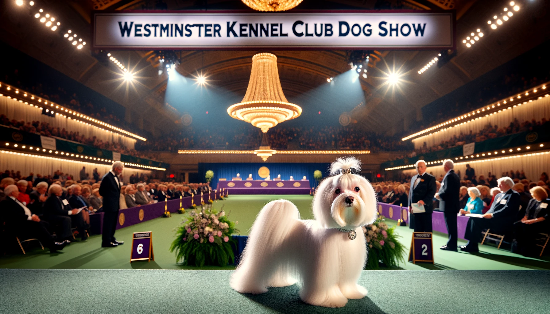 a maltese dog with long hair at a prestigious dog show