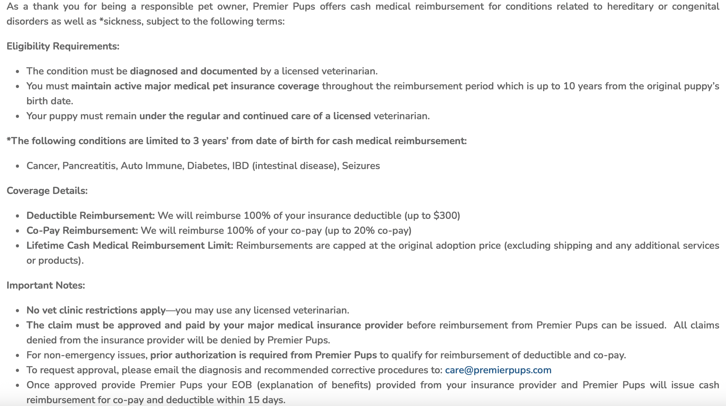 premier pups 10-year health guarantee screenshot