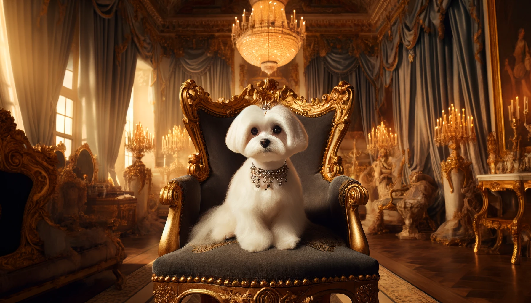 a maltese dog in a royal setting