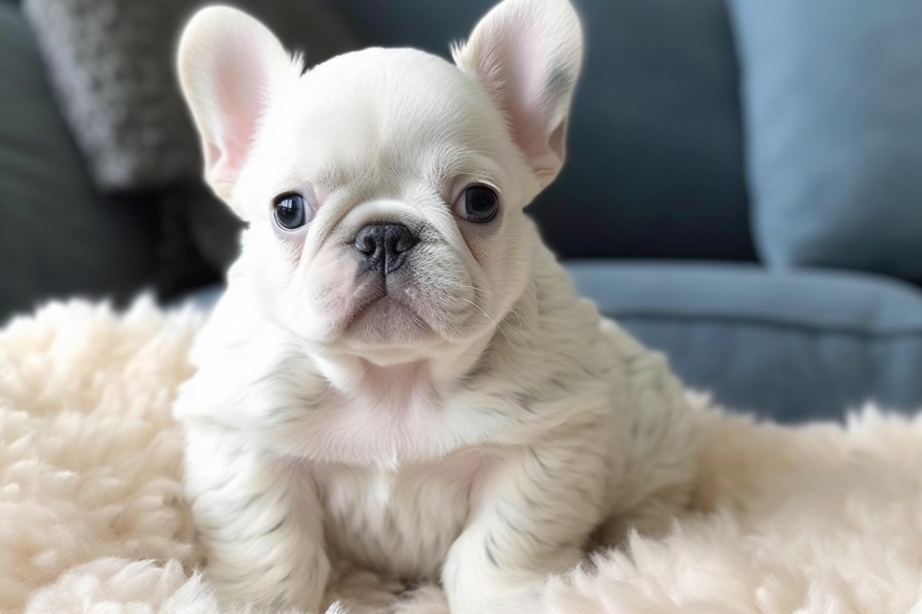 Close-up of a White Fluffy French Bulldog puppy showcasing its long hair and distinctive features