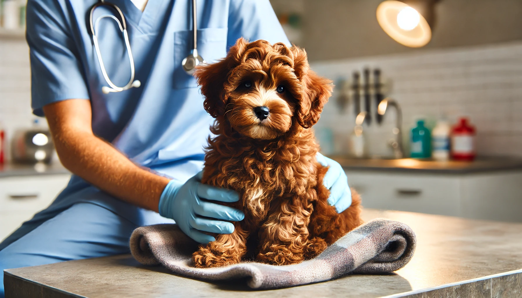 A high-quality image featuring a brown Maltipoo contently at the vet's office. The puppy looks calm