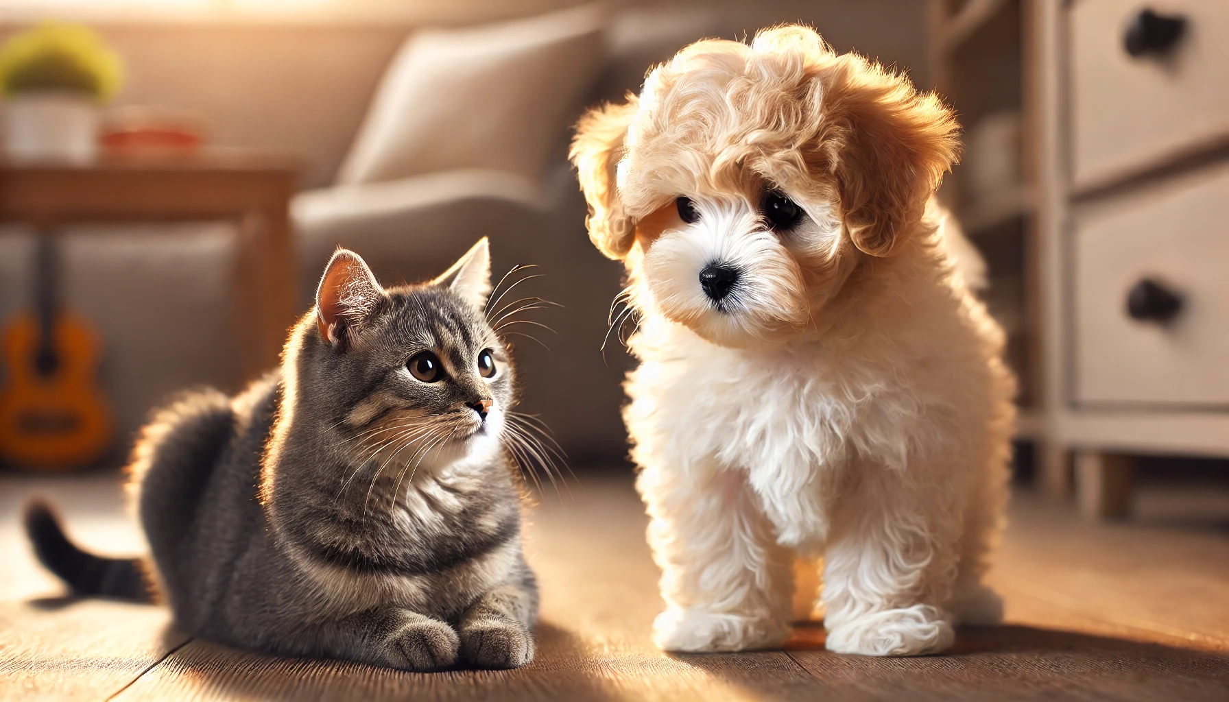 image of a Maltipoo puppy meeting a cat for the first time. The puppy looks curious and slightly cautious