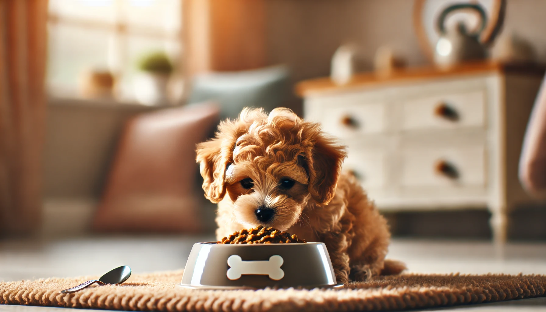 image of a teacup Maltipoo puppy eating from a food bowl. The setting is cozy, with soft lighting and warm tones