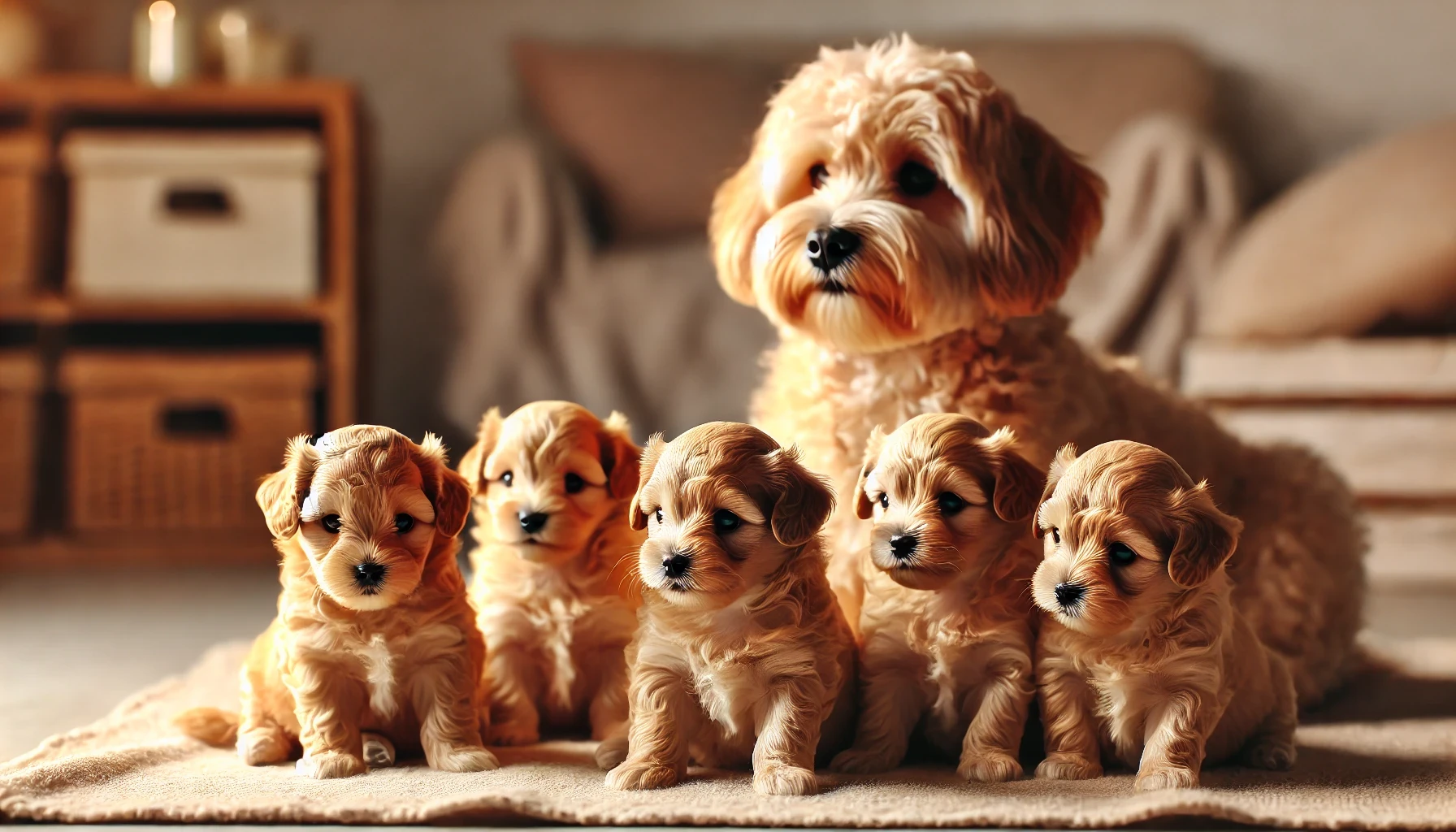 image of a few very small tan Maltipoo puppies, all under 6 weeks old, in a cozy room. The puppies are near their mother