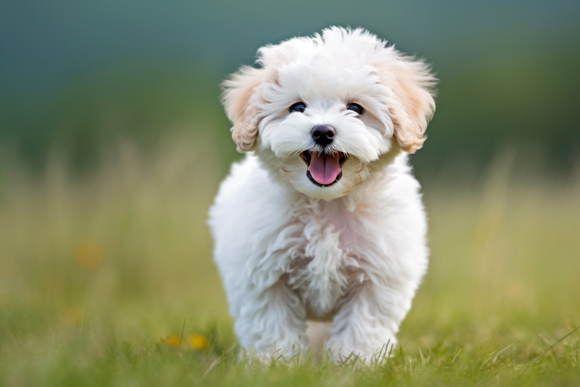 White Poochon puppy in grass