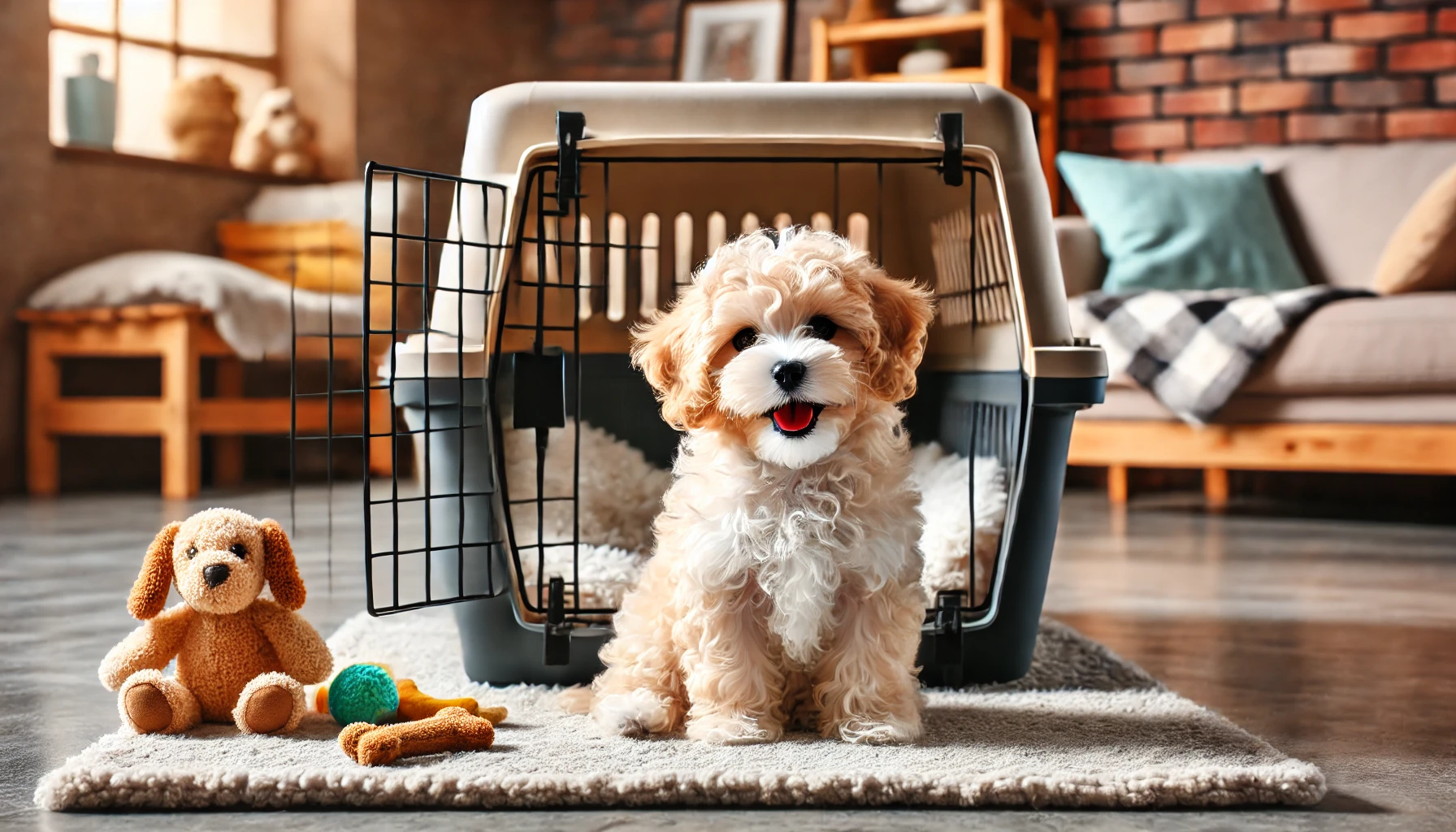 image of a Maltipoo puppy sitting happily in front of an open crate. The crate is designed to look inviting