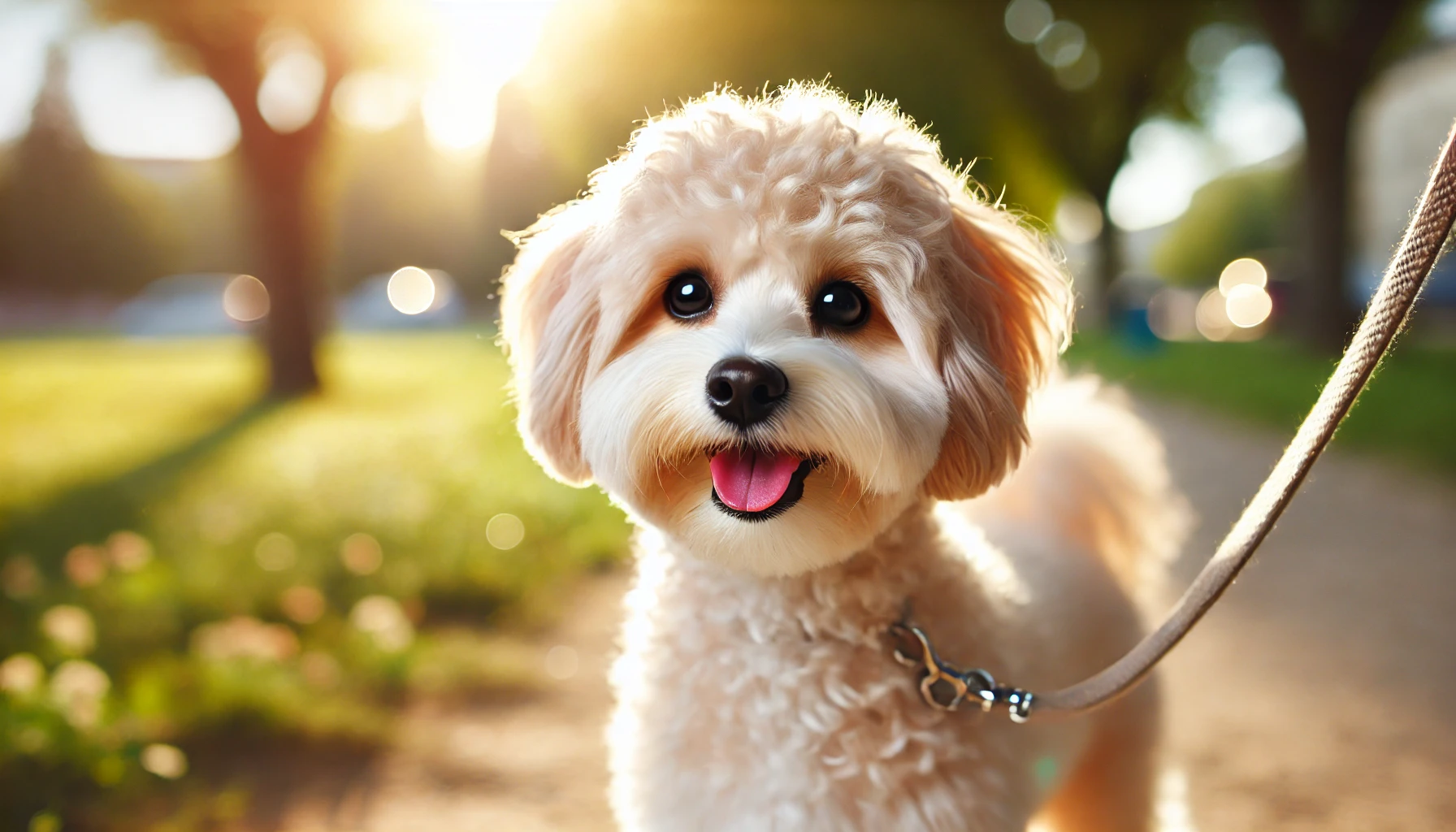 image of a small, full-grown F1B Maltipoo dog with light-colored curly hair, happily walking outside