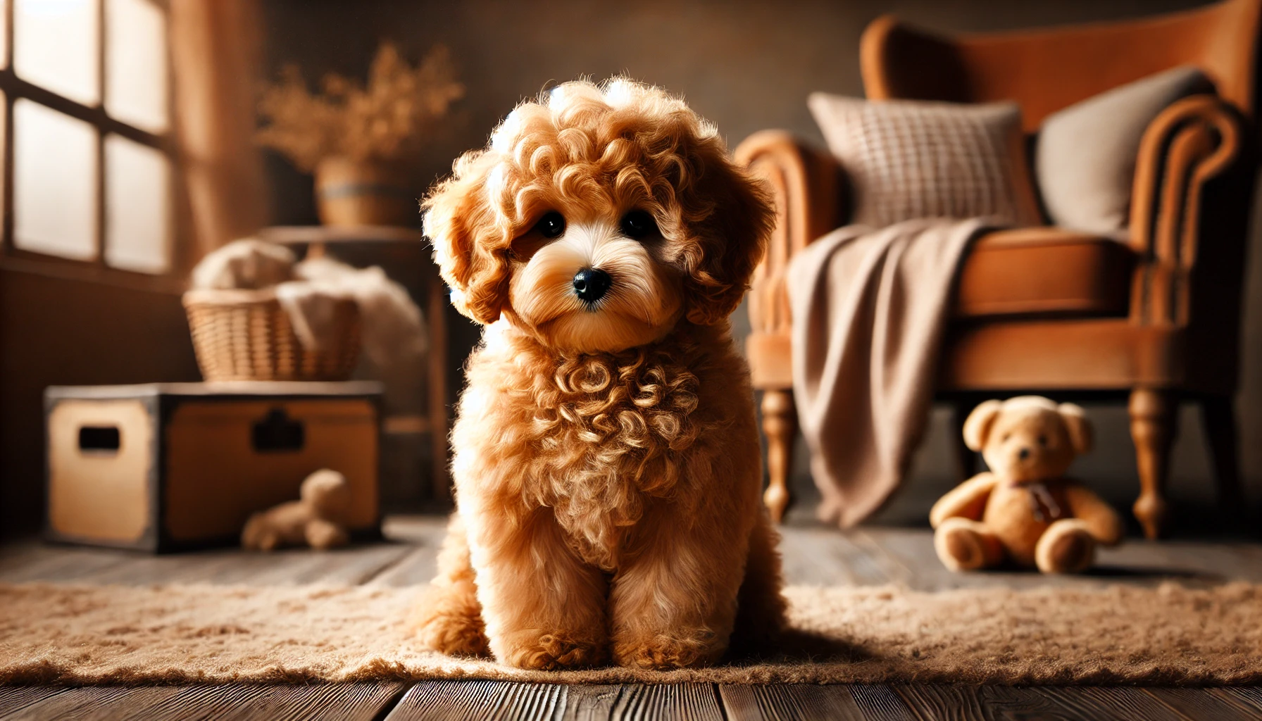 solid apricot maltipoo dog in a cozy setting