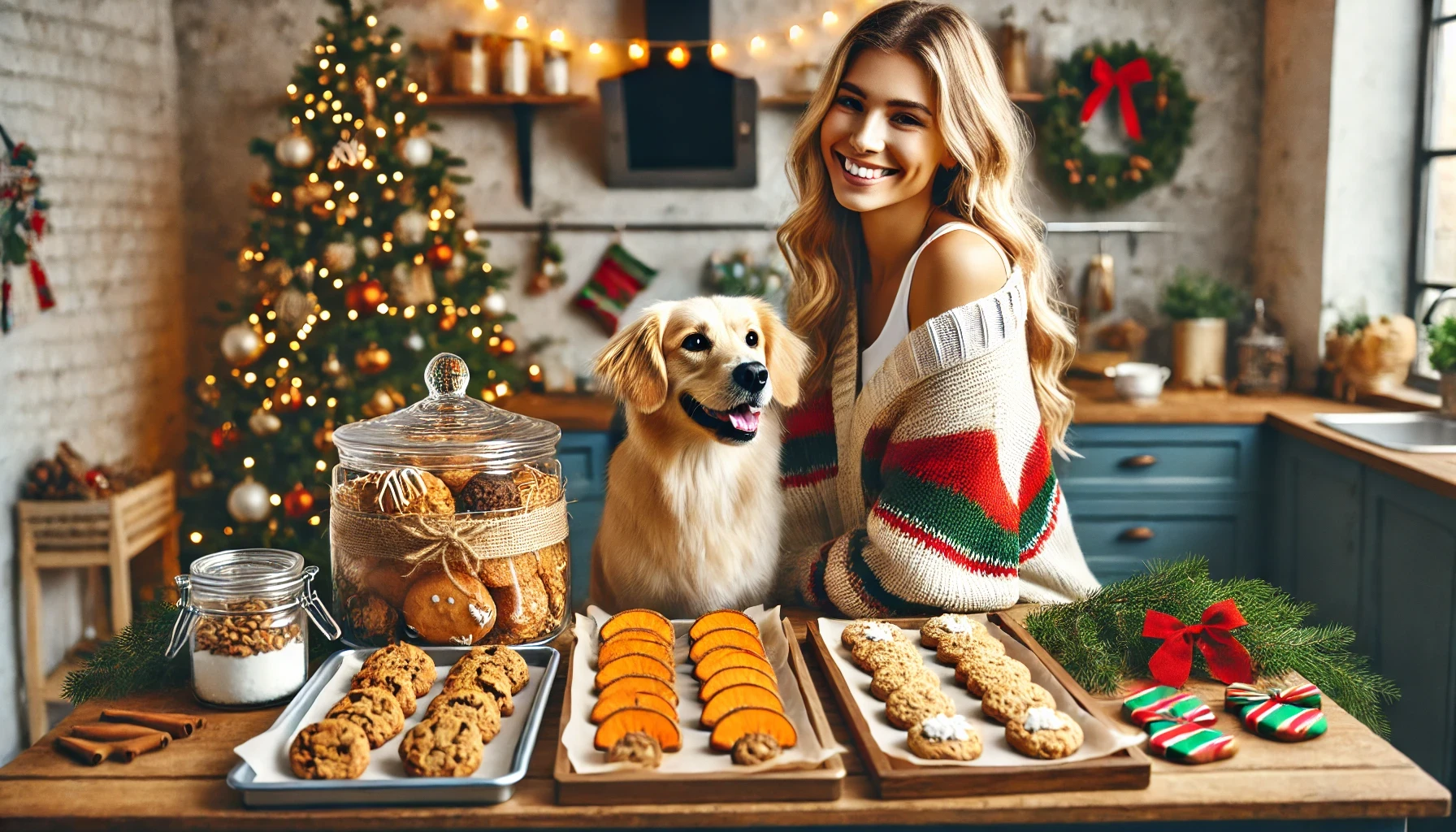 image of a female standing by a kitchen counter with three trays of Christmas cookies for dogs