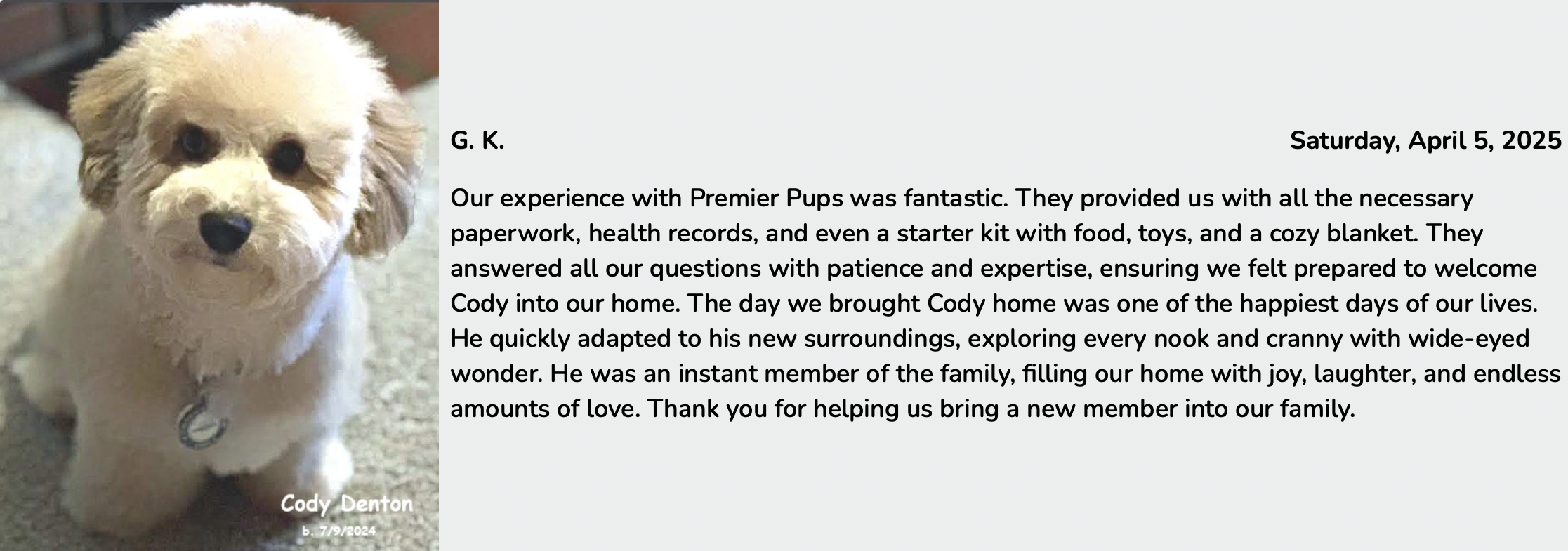 customer review of premier pups. customer GK recommends premier pups