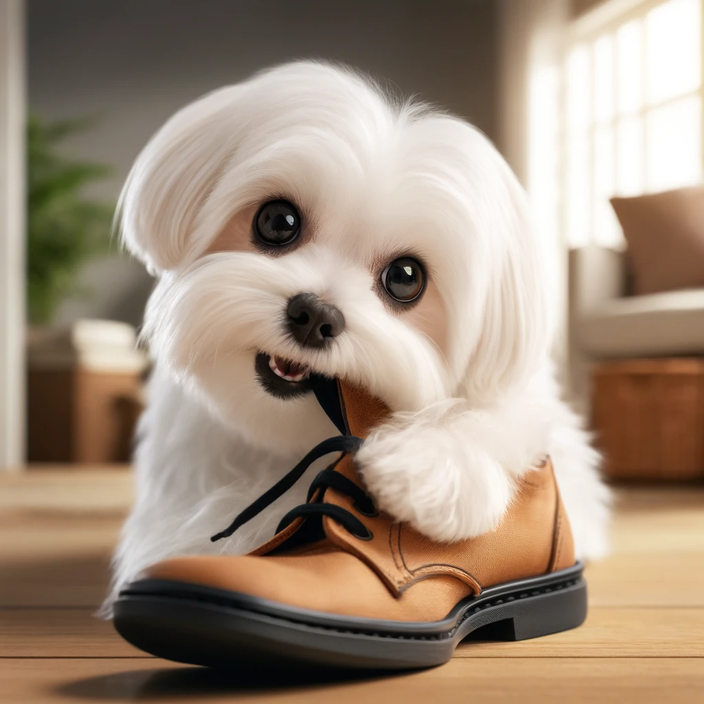 maltese dog chewing on a shoe
