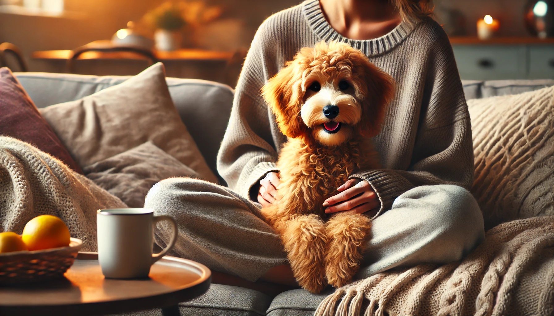 A high-quality image of a Mini Goldendoodle sitting quietly on someone's lap