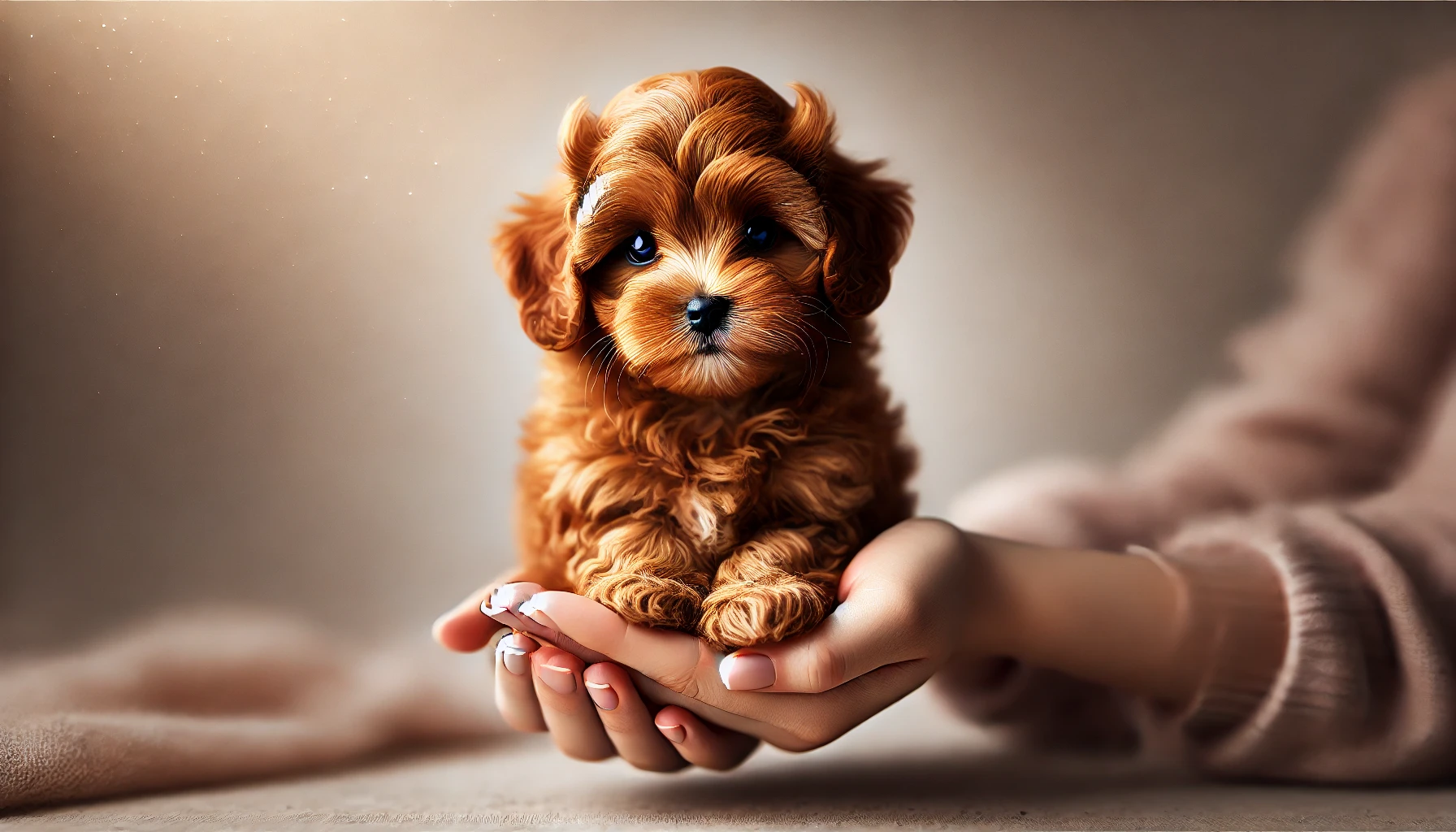 image featuring a very small red Maltipoo puppy being handed towards the camera. The puppy has a fluffy reddish-brown coat