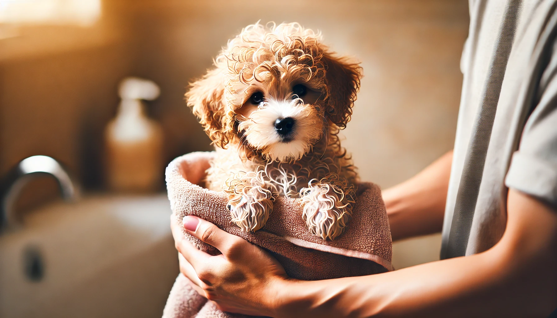 image of a smaller F1B Maltipoo puppy with a curly coat, being gently towel-dried by a person after a bath. The puppy looks content