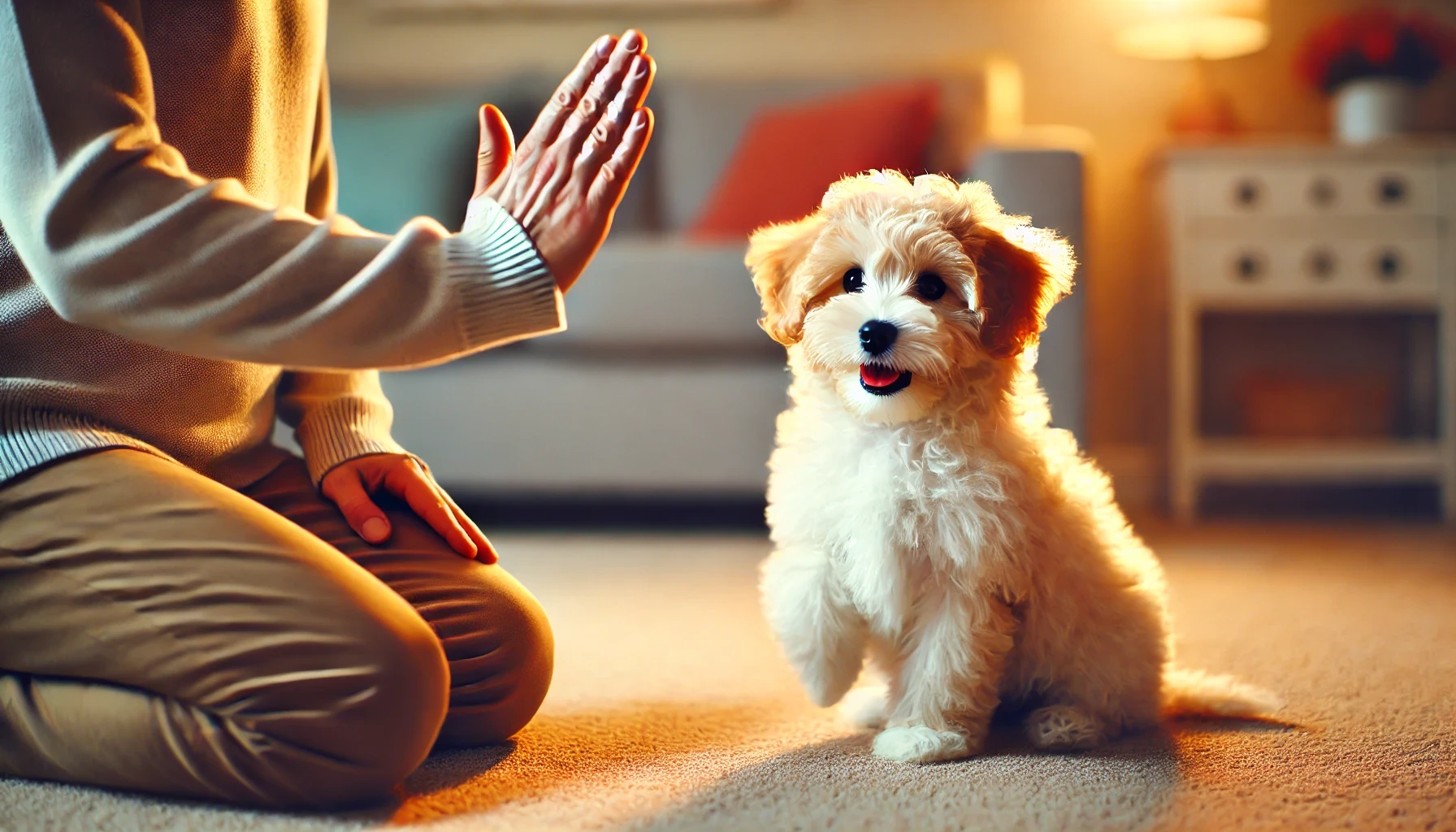 image of a person training a Maltipoo puppy. The person is giving the puppy a clear and realistic hand signal