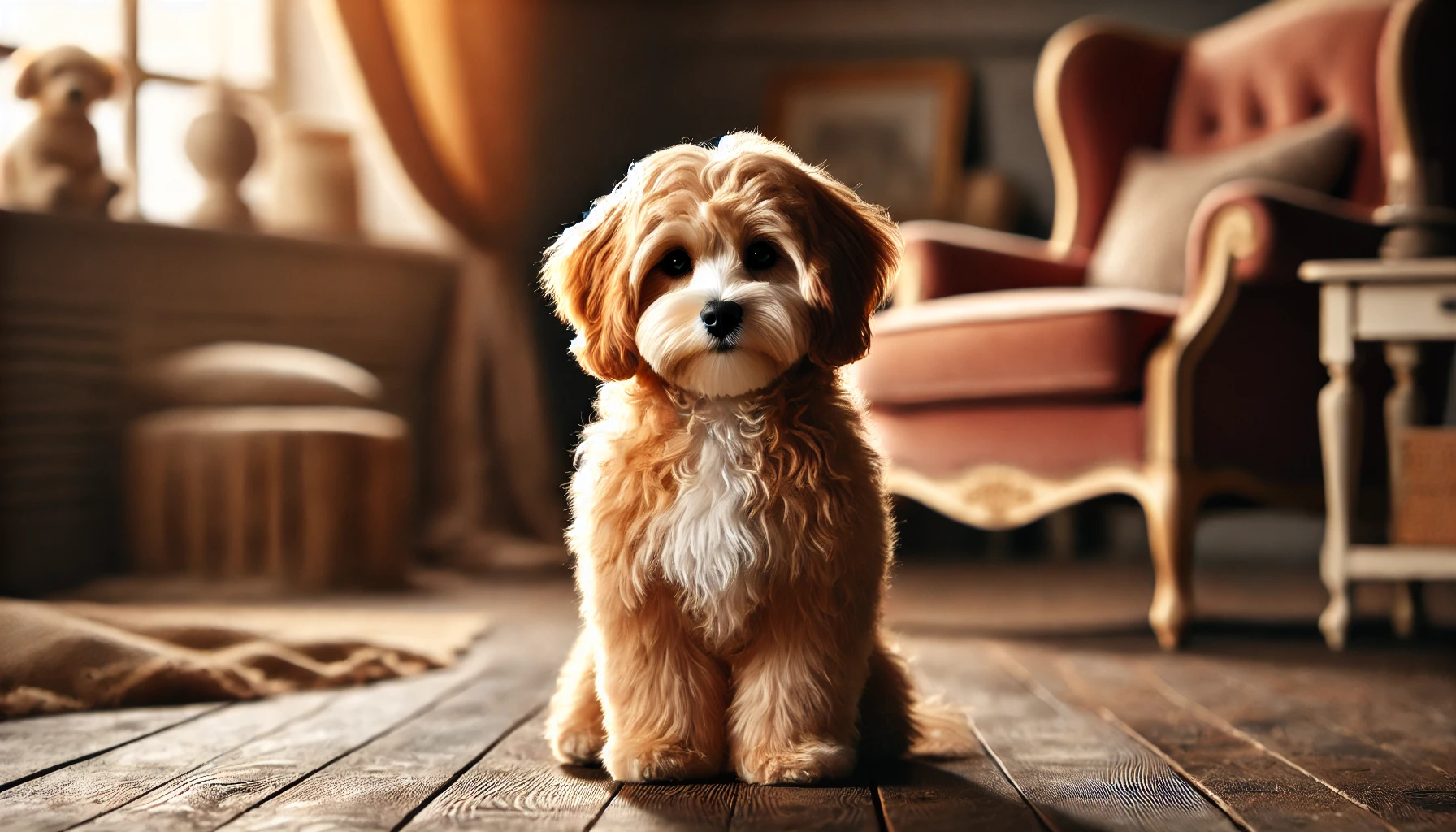 tuxedo apricot maltipoo dog sitting on the floor in a cozy room