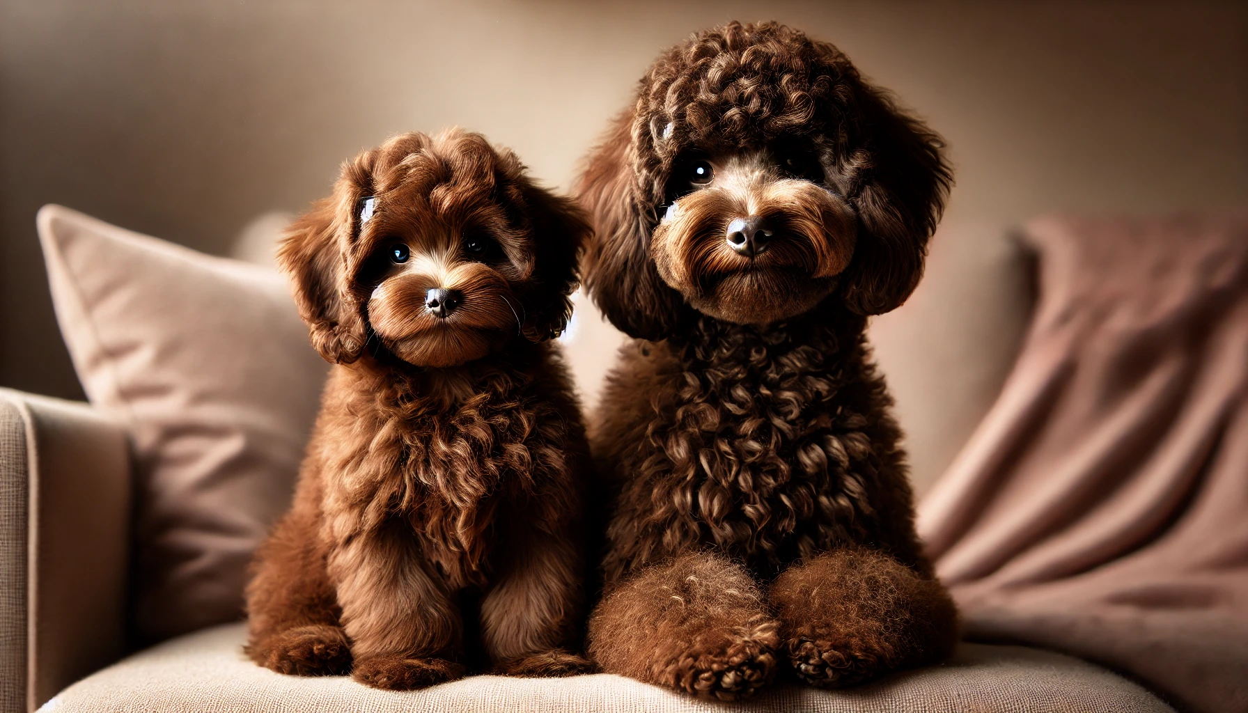 image featuring a fluffy chocolate Maltipoo puppy sitting next to a chocolate miniature Poodle dog. Both dogs have soft, rich coats